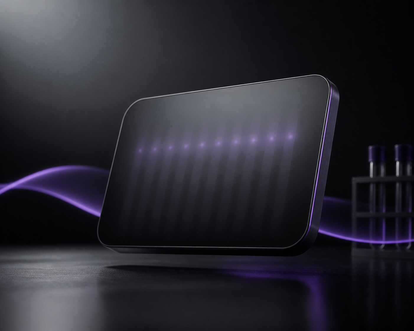 Dark healthcare technology product hero with soft violet light