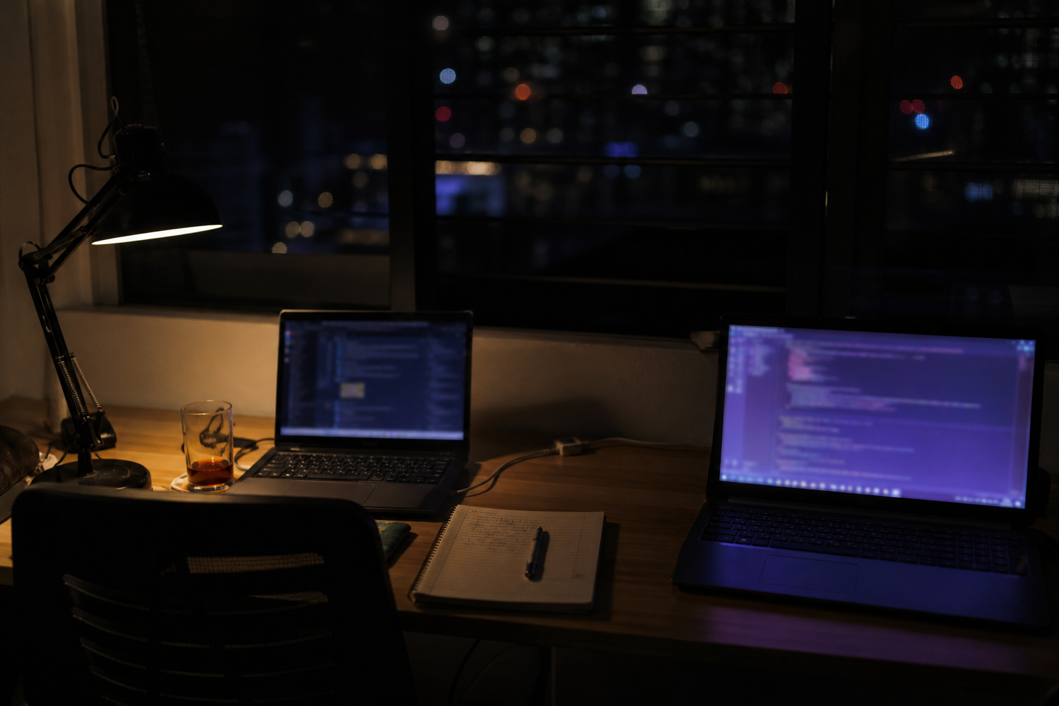 Two laptops on a desk late at night, warm lamp light