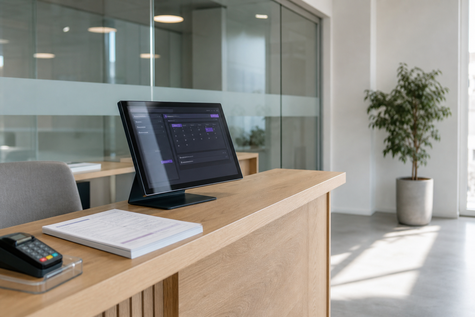 Modern pathology lab reception desk with a patient portal on screen