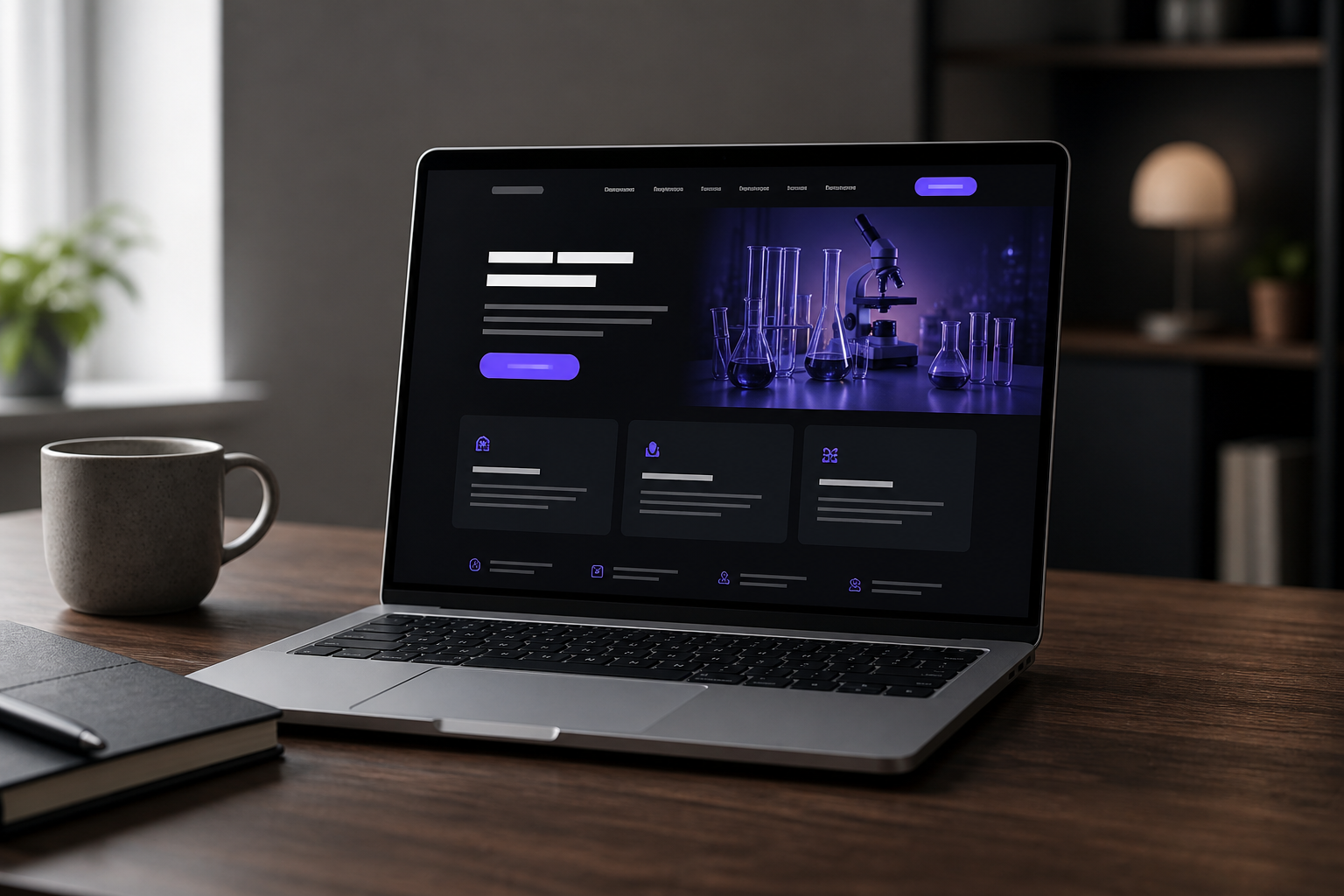 Laptop on a desk showing a dark mode laboratory website
