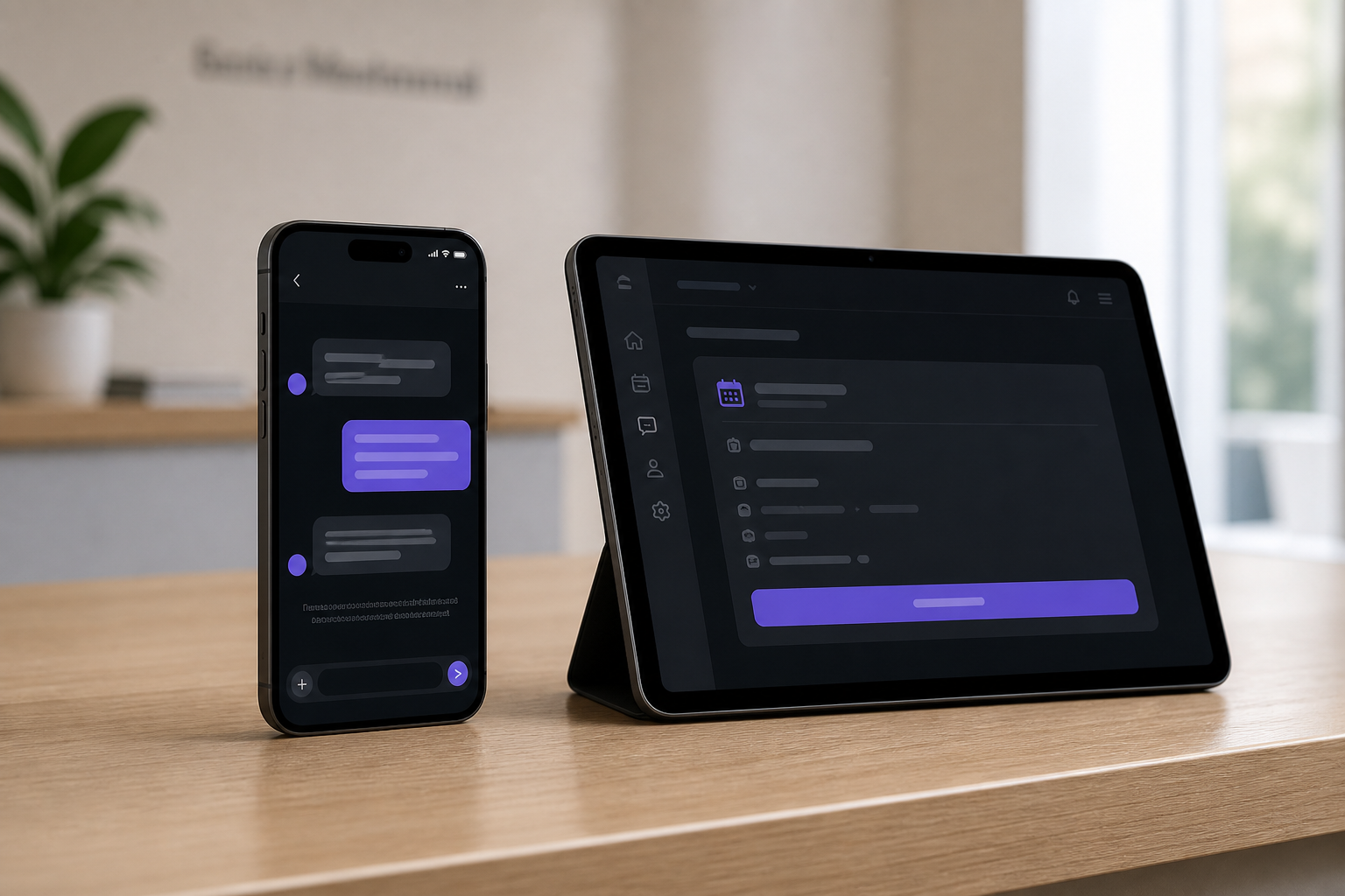 Phone and tablet showing a calm patient AI chat on a lab website