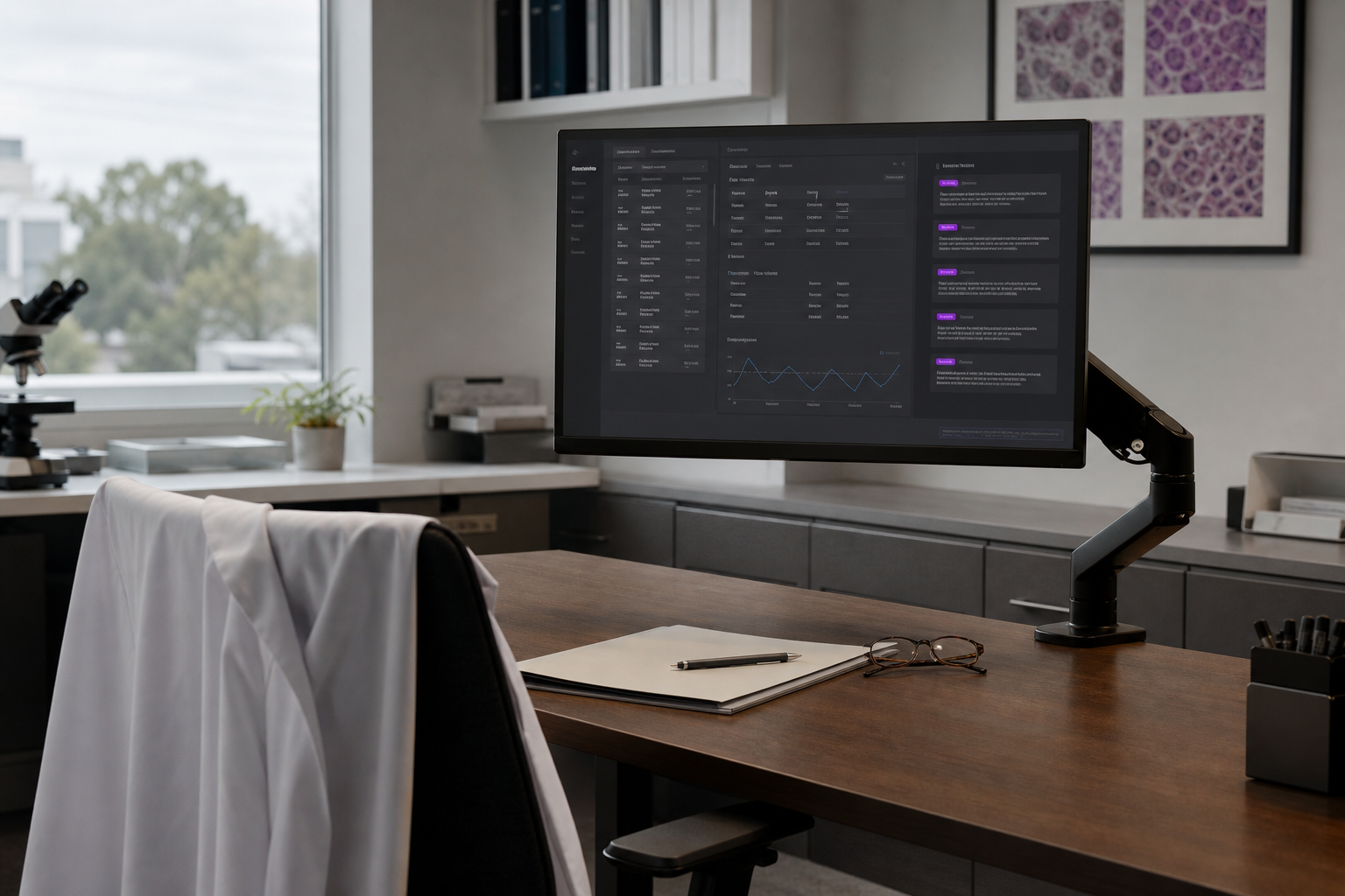 Clinician workstation with a calm insights panel on a dark dashboard