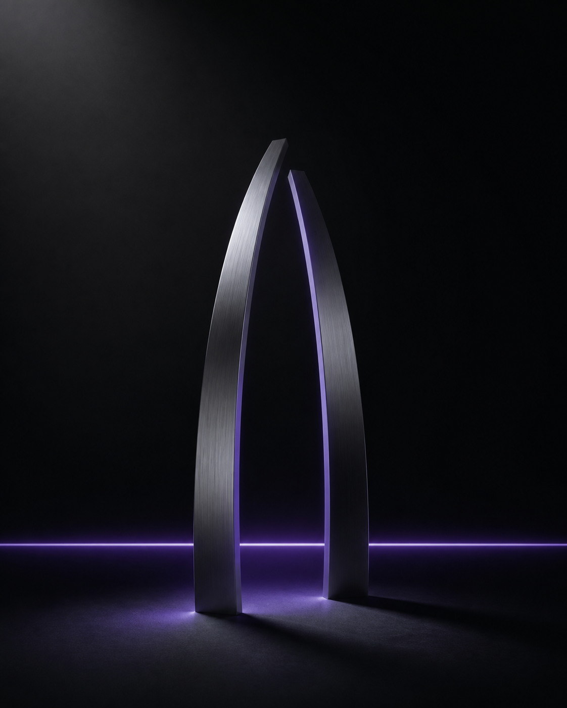 Abstract sculptural mark of two leaning arcs with violet light